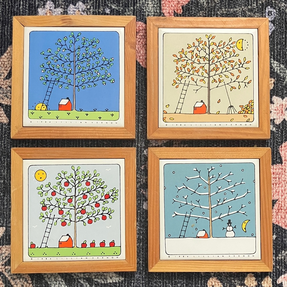 Set of 4 Seasons Framed Tiles vintage Lillian Vernon farm tree